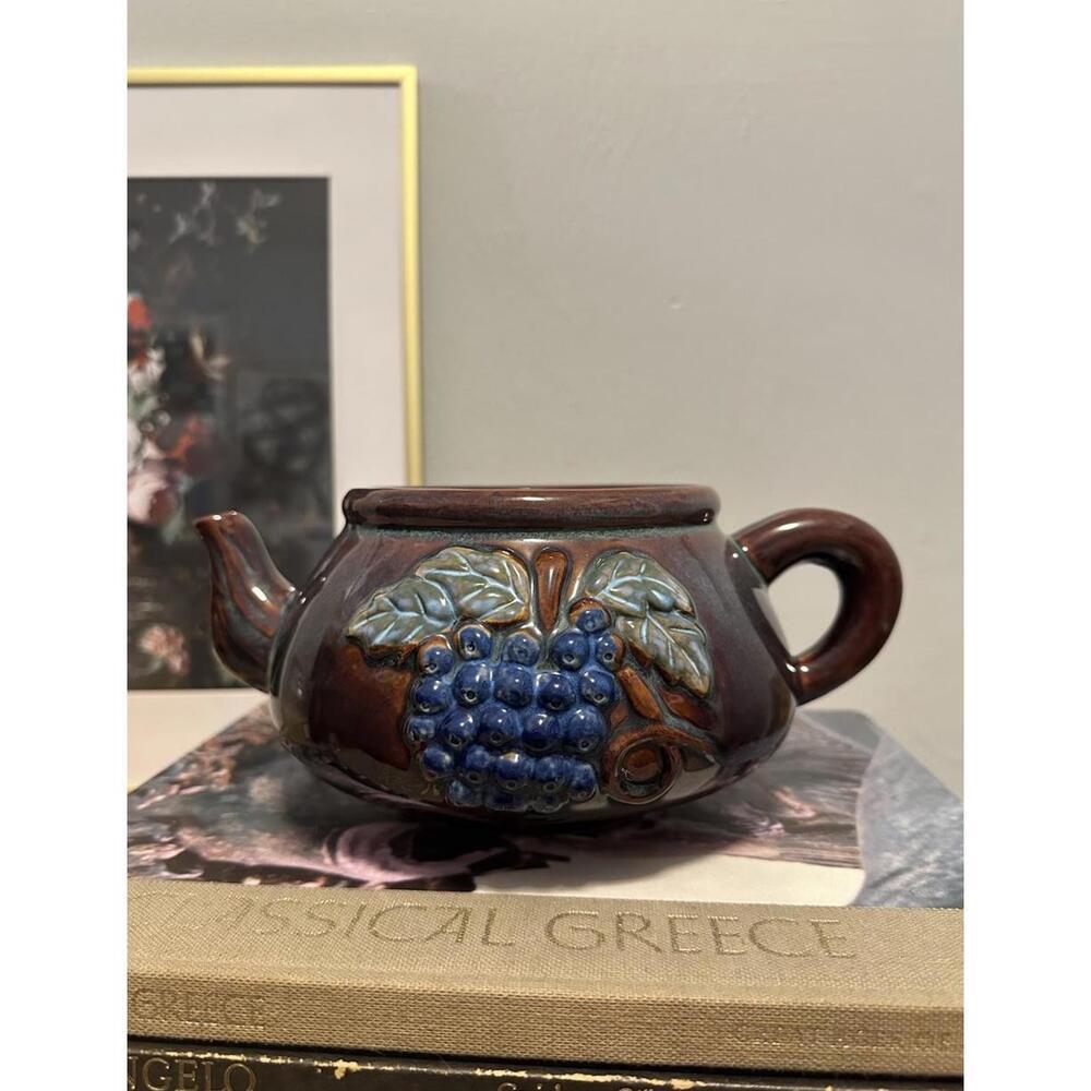 Handmade Ceramic Teapot Planter Vase Grape and Vine Design No Lid Made In Japan